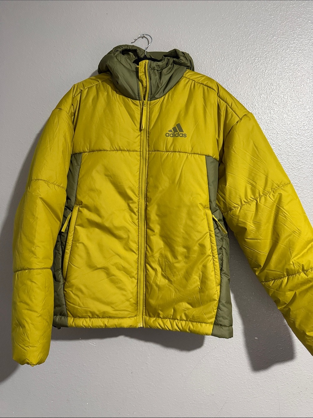 adidas Yellow and Olive Green Hooded Puffer Jacket